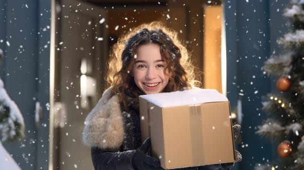 Smiling woman holding parcel box next to front door house entrance. Christmas holidays delivery. Black Friday Online shopping