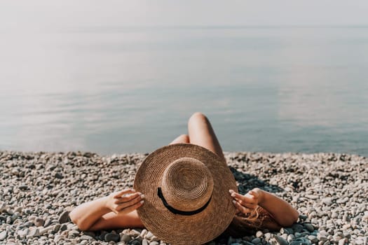 Woman bikini beach tan. Happy woman in swimwear and hat on vacation. Summer travel holidays vacation on the sea.