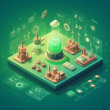 info graphic isometric depicting a set of clean energyy generation icons and situation for better future ai art