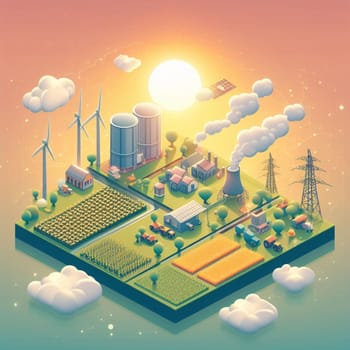 info graphic isometric depicting a set of clean energyy generation icons and situation for better future ai art