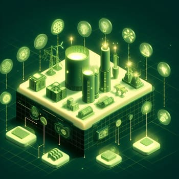 info graphic isometric depicting a set of clean energyy generation icons and situation for better future ai art