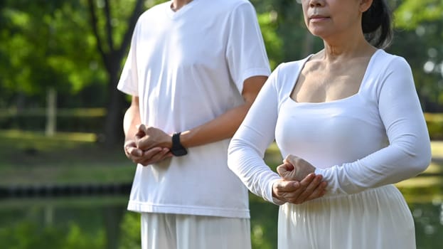 Calm senior people in white clothes doing breathing exercise while standing amidst nature.