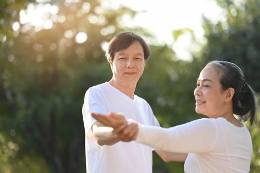 Active middle age couple practicing Tai Chi Chuan near lake at sunset. Healthy lifestyle concept.