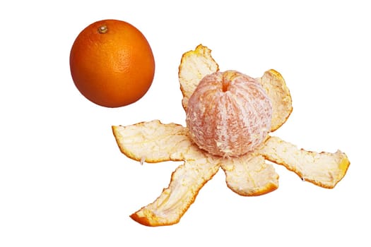 a peeled orange on a transparent surface