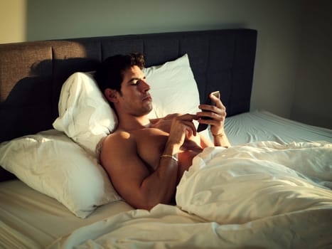 A man laying in bed looking at his cell phone