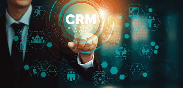 CRM Customer Relationship Management for business sales marketing system concept presented in futuristic graphic interface of service application to support CRM database analysis. uds