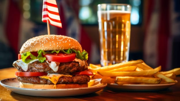 A large, delicious burger on a plate, fries and a drink in a patriotic cafe, against the backdrop American flag. American President's Day, USA Independence Day, American flag colors background, February holiday, stars and stripes, red and blue 4 July