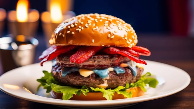 A big, tasty burger on a plate in a patriotic cafe, with an American flag in the background, not healthy food. American President's Day, USA Independence Day, American flag colors background, 4 July, February holiday, stars and stripes, red and blue