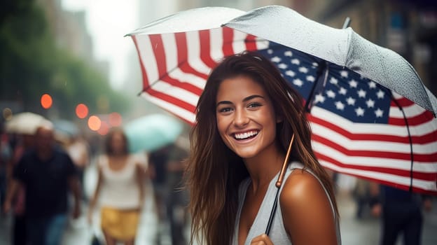 smiling, happy woman under an umbrella with an American flag print on the holidays of the United States America. American President's Day, USA Independence Day, American flag colors background, 4 July, February holiday stars and stripes, red and blue