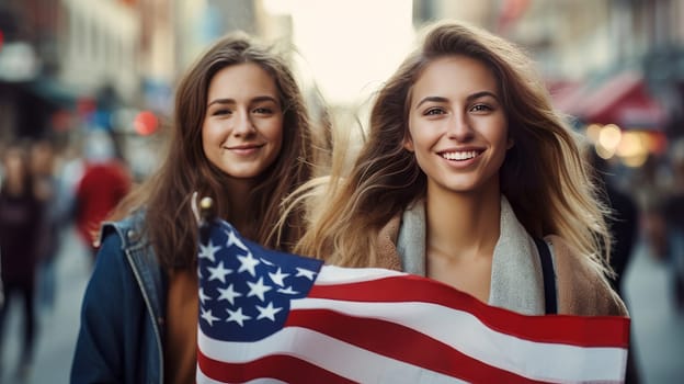 Happy two women with an American flag in city on the Independence Day holidays of the United States of America. American President's Day, USA Independence Day, American flag colors background, 4 July, February holiday, stars and stripes, red and blue