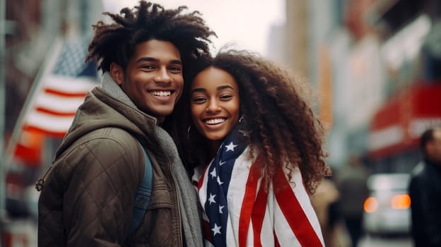 Happy two afro woman and man with American flag on the Independence Day holidays of the United States America. American President's Day, USA Independence Day, American flag colors background, 4 July, February holiday, stars and stripes, red and blue