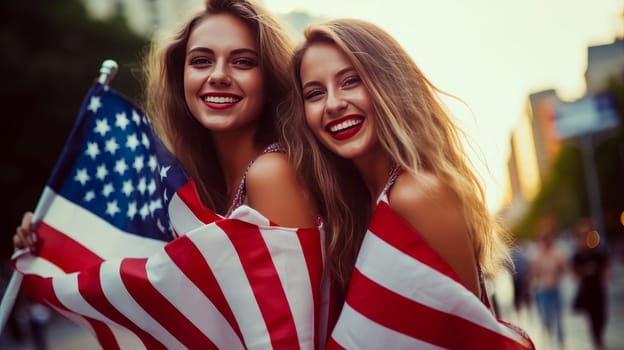 Happy two women with an American flag in city on the Independence Day holidays of the United States of America. American President's Day, USA Independence Day, American flag colors background, 4 July, February holiday, stars and stripes, red and blue