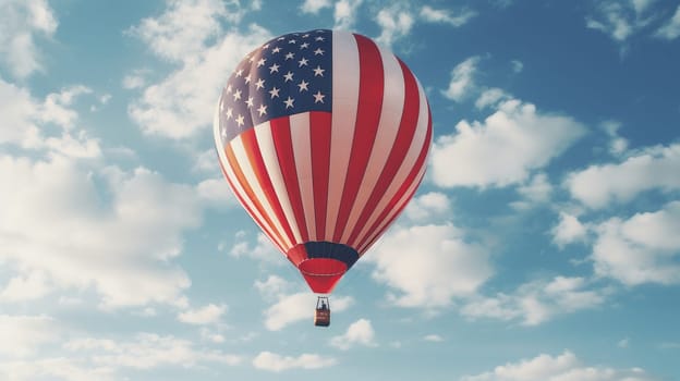 A hot air balloon, an airship flies in the clouds sky in the color of the flag of the United States of America. American President's Day, USA Independence Day, American flag colors background, 4 July, February holiday, stars and stripes, red and blue