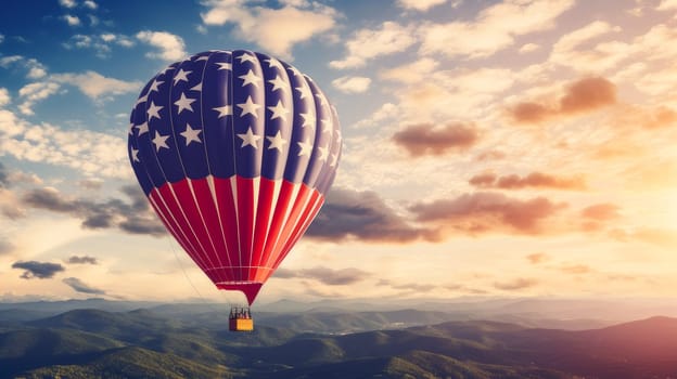 A hot air balloon, an airship flies in the clouds sky in the color of the flag of the United States of America. American President's Day, USA Independence Day, American flag colors background, 4 July, February holiday, stars and stripes, red and blue