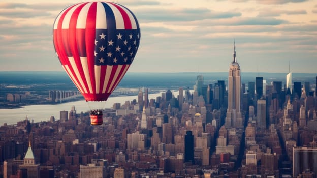 A hot air balloon, an airship flies over a big city in the colors of the flag of the United States of America. American President's Day, USA Independence Day, American flag colors background, 4 July, February holiday, stars and stripes, red and blue