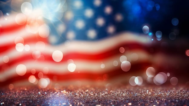 Festive salute, fireworks against the background of the flag of the United States of America. American President's Day, USA Independence Day, American flag colors background, 4 July, February holiday, stars and stripes, red and blue