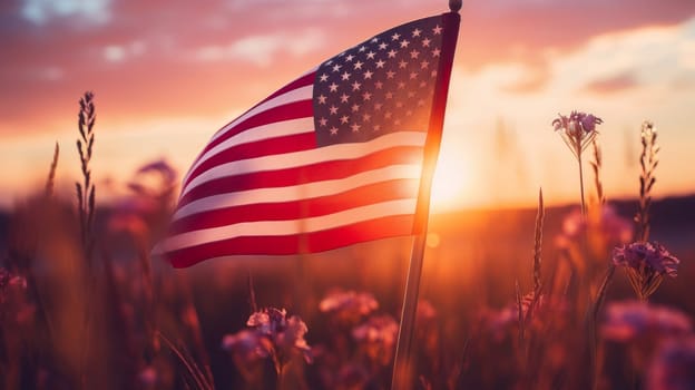 The flag of the United States America flutters in nature against the backdrop of the setting sun in pink rays. American President's Day, USA Independence Day, American flag colors background, 4 July, February holiday, stars and stripes, red and blue