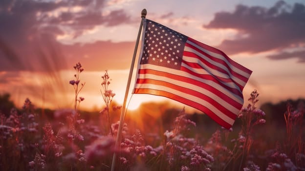 The flag of the United States America flutters in nature against the backdrop of the setting sun in pink rays. American President's Day, USA Independence Day, American flag colors background, 4 July, February holiday, stars and stripes, red and blue