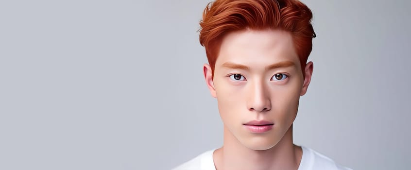Elegant handsome young male Asian guy with short red hair, on white background, banner, copy space, portrait. Advertising of cosmetic products, spa treatments, shampoos and hair care products, dentistry and medicine, perfumes and cosmetology for men