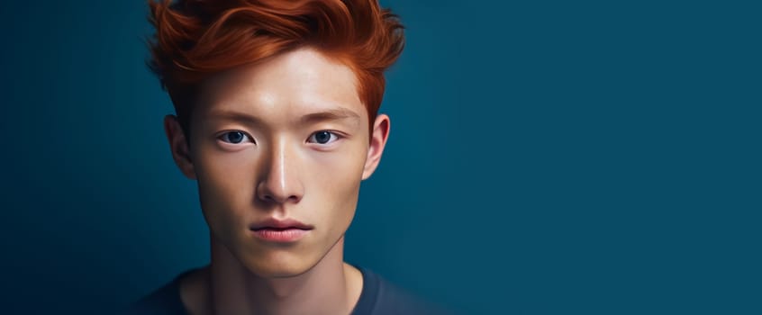 Elegant handsome young male Asian guy with short red hair, on dark blue background, banner, copy space, portrait. Advertising of cosmetic products, spa treatments, shampoos and hair care products, dentistry and medicine, perfumes and cosmetology men