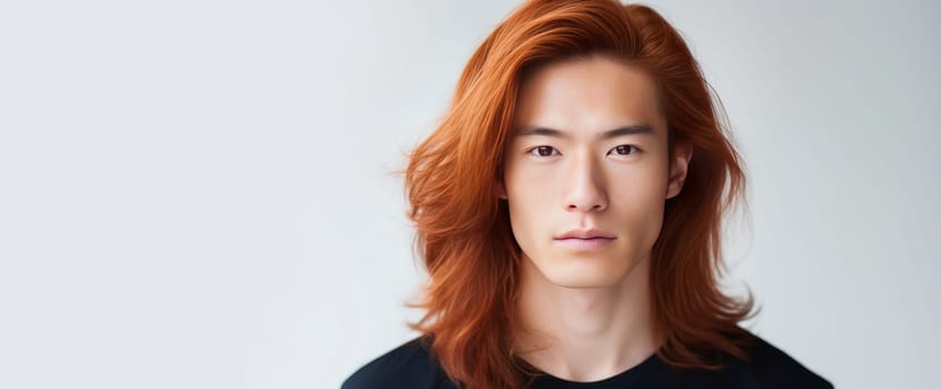 Handsome young male guy smile Asian with long red hair, on white background, banner, copy space, portrait. Advertising of cosmetic products, spa treatments, shampoos and hair care products, dentistry and medicine, perfumes and cosmetology for men