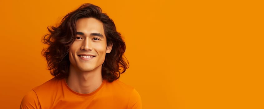 Handsome young male guy smile Asian with long red hair, on yellow orange background, banner, copy space, portrait. Advertising of cosmetic products, spa treatments, shampoos and hair care products, dentistry and medicine, perfumes and cosmetology men