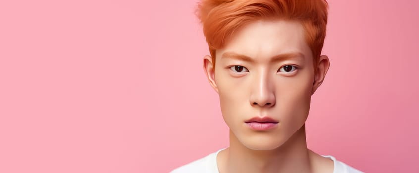 Elegant handsome young male Asian guy with short red hair, on a pink background, banner, copy space, portrait. Advertising of cosmetic products, spa treatments, shampoos and hair care products, dentistry and medicine, perfumes and cosmetology for men