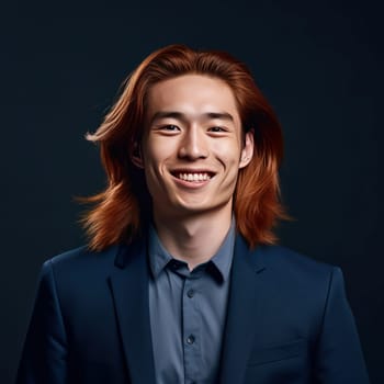 Handsome young man guy smile Asian with long red hair, on a dark blue background, banner, copy space, portrait. Advertising of cosmetic products, spa treatments, shampoos and hair care products, dentistry and medicine perfumes and cosmetology for men