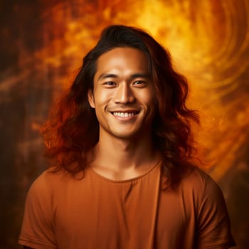 Handsome young male guy smile Asian with long red hair, on golden background, banner, copy space, portrait. Advertising of cosmetic products, spa treatments, shampoos and hair care products, dentistry and medicine, perfumes and cosmetology for men