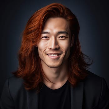 Handsome young male guy smile Asian with long red hair, on gray background, banner, copy space, portrait. Advertising of cosmetic products, spa treatments, shampoos and hair care products, dentistry and medicine, perfumes and cosmetology for men