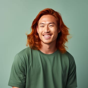 Handsome young man guy smile Asian with long red hair, on a light green background, banner, copy space, portrait. Advertising of cosmetic products, spa treatments, shampoos and hair care products, dentistry and medicine, perfumes and cosmetology men