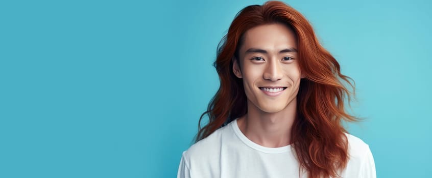 Handsome young male guy smile Asian with long red hair, on a light blue background, banner, copy space, portrait. Advertising of cosmetic products, spa treatments, shampoos and hair care products, dentistry and medicine, perfumes and cosmetology men