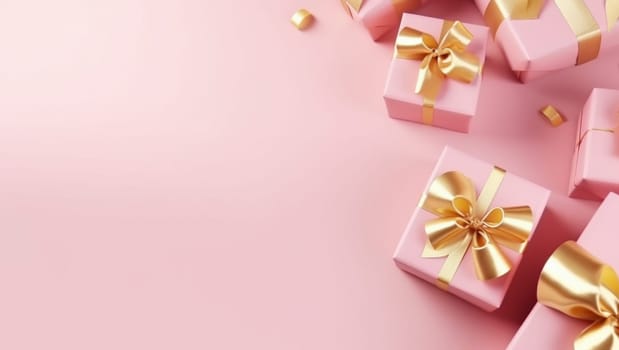 Gifts on pink background with gold ribbon. New Year's gifts or birthday gifts. High quality photo
