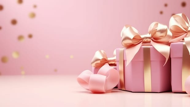 Gifts on pink background with gold ribbon. New Year's gifts or birthday gifts. High quality photo