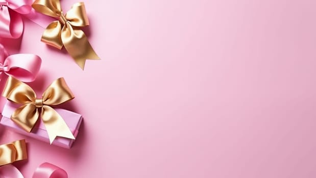 Gifts on pink background with gold ribbon. New Year's gifts or birthday gifts. High quality photo