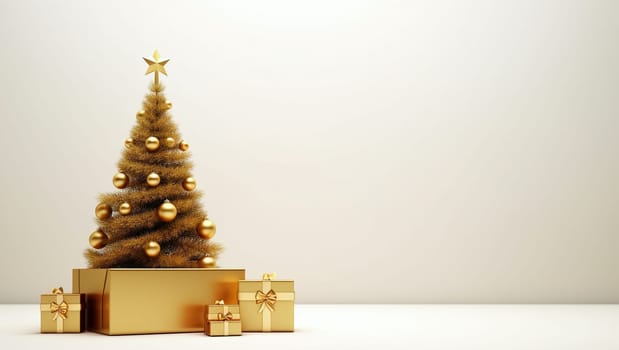 Golden Christmas tree with golden toys and gifts. Golden balls hang on a spruce tree. New Year's mood. High quality photo