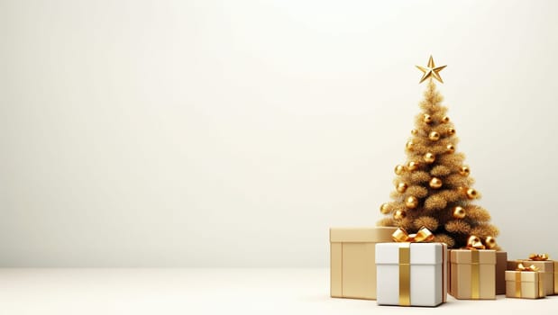Golden Christmas tree with golden toys and gifts. Golden balls hang on a spruce tree. New Year's mood. High quality photo