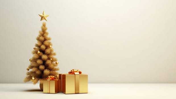 Golden Christmas tree with golden toys and gifts. Golden balls hang on a spruce tree. New Year's mood. High quality photo