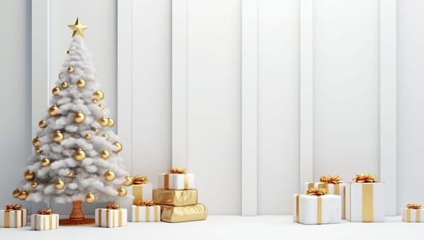 White Christmas tree with golden toys and gifts. Golden balls hang on a spruce tree. New Year's mood. High quality photo