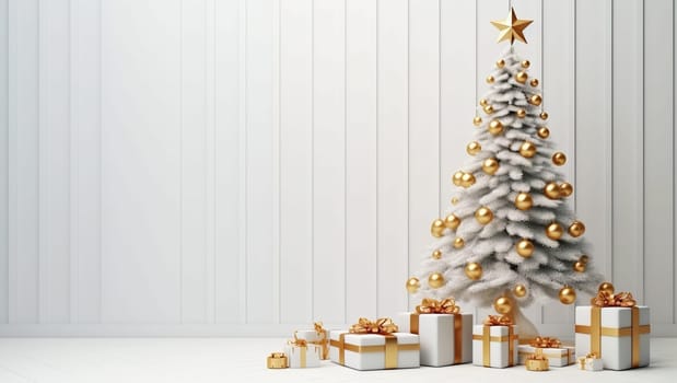 White Christmas tree with golden toys and gifts. Golden balls hang on a spruce tree. New Year's mood. High quality photo