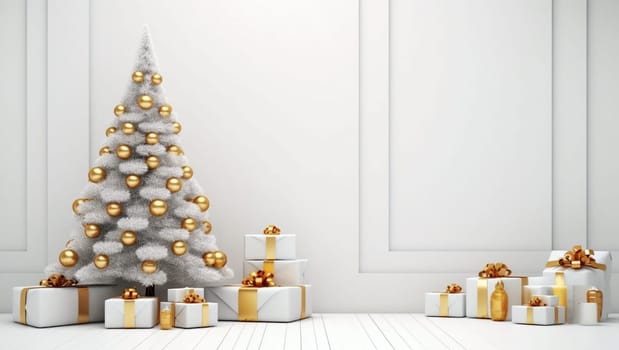 White Christmas tree with golden toys and gifts. Golden balls hang on a spruce tree. New Year's mood. High quality photo