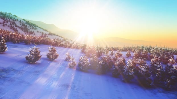 above winter forest mountain sunset 3D rendering illustration