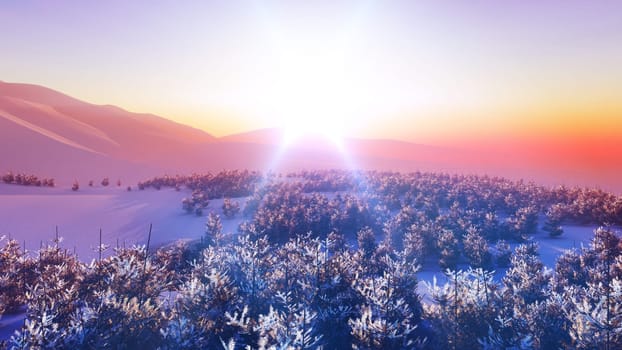 above winter forest mountain sunset 3D rendering illustration