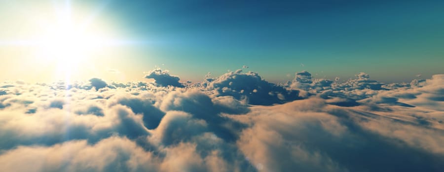 above clouds fly sunset sun ray illustration, 3d render