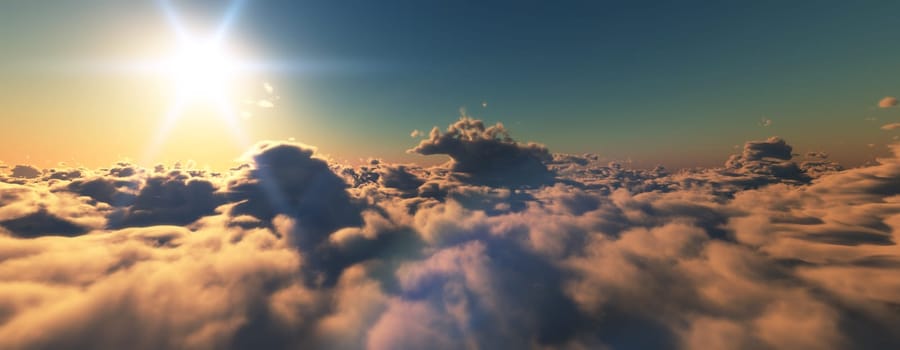 above clouds fly sunset sun ray illustration, 3d render