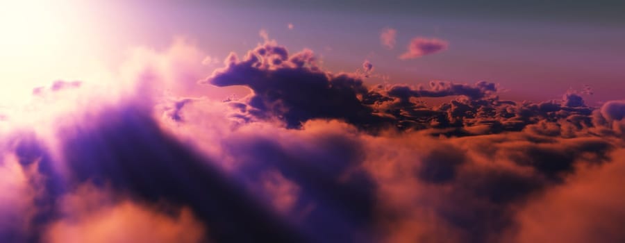 above clouds fly sunset sun ray illustration, 3d render