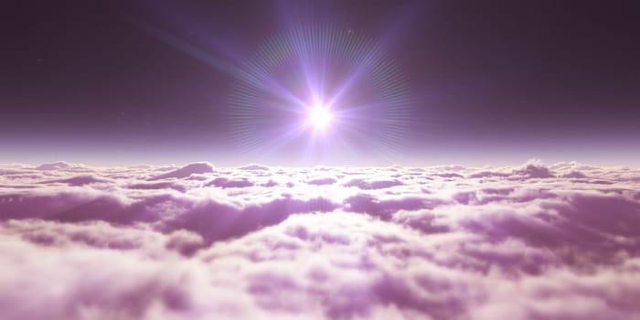 dream fly above clouds ray light, 3d rendering illustration