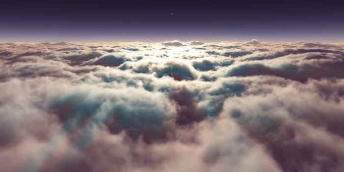 dream fly above clouds ray light, 3d rendering illustration