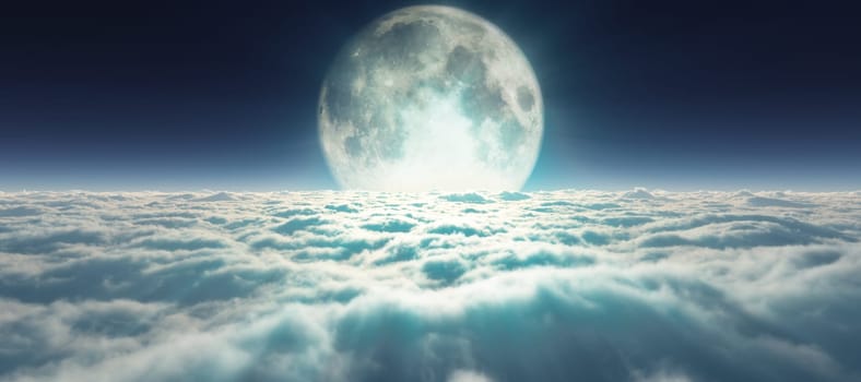 above clouds full moon illustration, 3d rendering