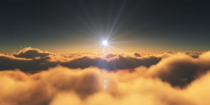 above clouds sunrise sun ray illustration, 3d rendering